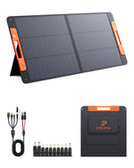 ZOUPW 100W foldable solar panel with kickstands, multiple DC connectors, and integrated storage bag.