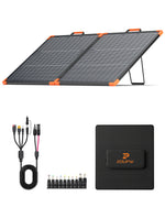 ZOUPW foldable bifacial solar panel with black storage bag, extension cables, and DC adapters.