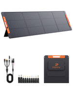 ZOUPW 220W foldable solar panel with included multi-connector charging cable, DC adapter set, and integrated storage pouch.