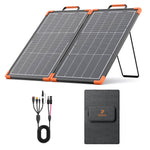 ZOUPW 75W portable bifacial solar panel with aluminum frame, 5-in-1 adapter cable, and folded back view.