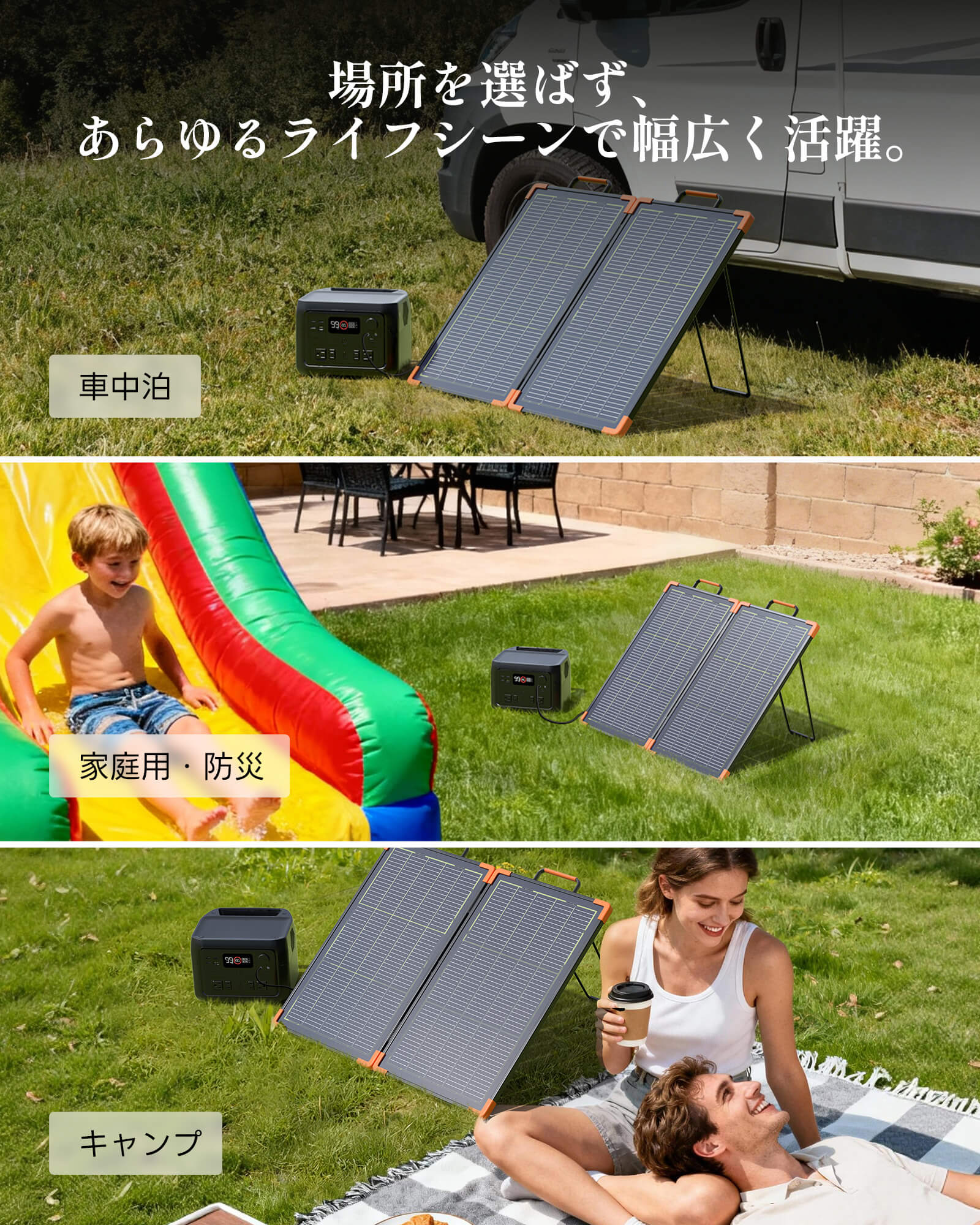 Versatile 75W portable solar panel used for van life, home emergency standby, and outdoor camping picnics.