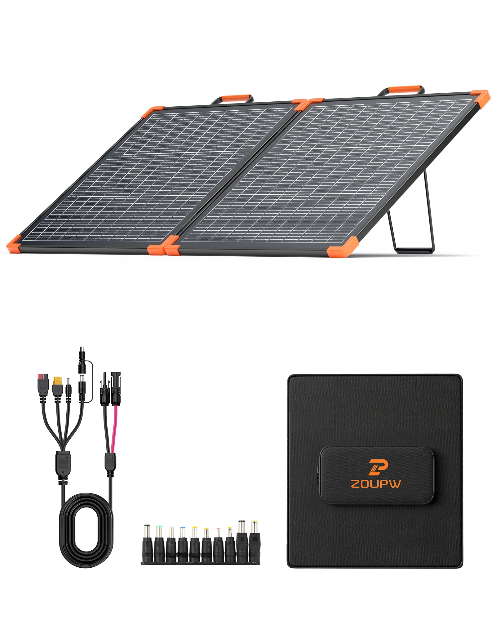 ZOUPW foldable bifacial solar panel with black storage bag, extension cables, and DC adapters.