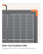 Detail of ZOUPW zero-cut custom solar cells with orange corner protection.