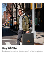 A smiling man walking on city street carrying a 6.83 lbs lightweight ZOUPW solar panel.