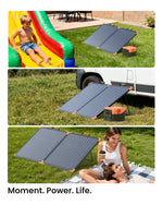 Three lifestyle scenes showing ZOUPW portable solar panel used in backyard and lawn picnics.