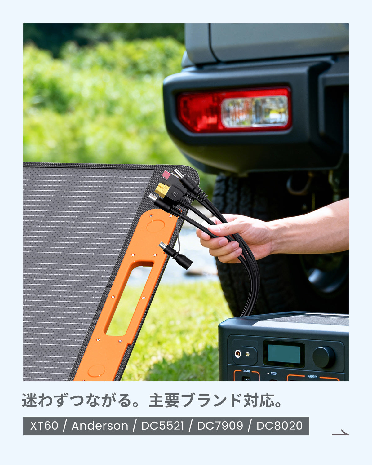 A person holding the universal DC charging cables connected to a portable power station next to a white off-road vehicle.