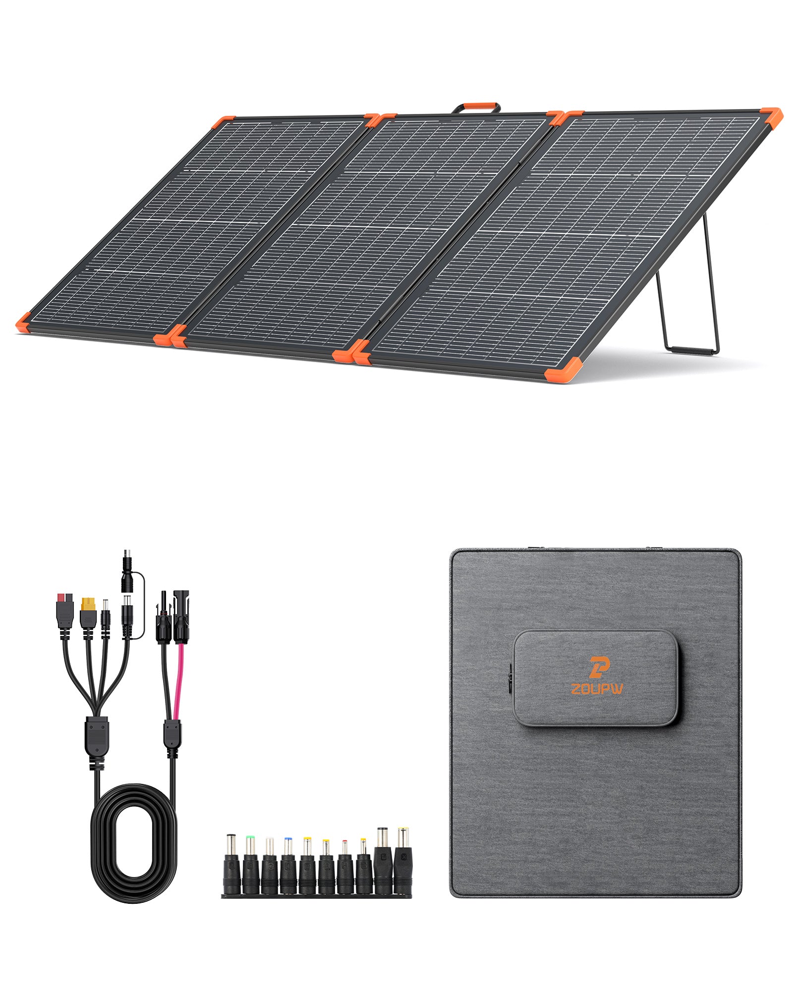 ZOUPW portable solar panel with a 4-in-1 cable, DC adapters, and a grey carrying bag on a white background.